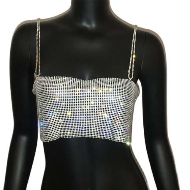Shiny Crystal Metal Chain Crop Top - Festigal