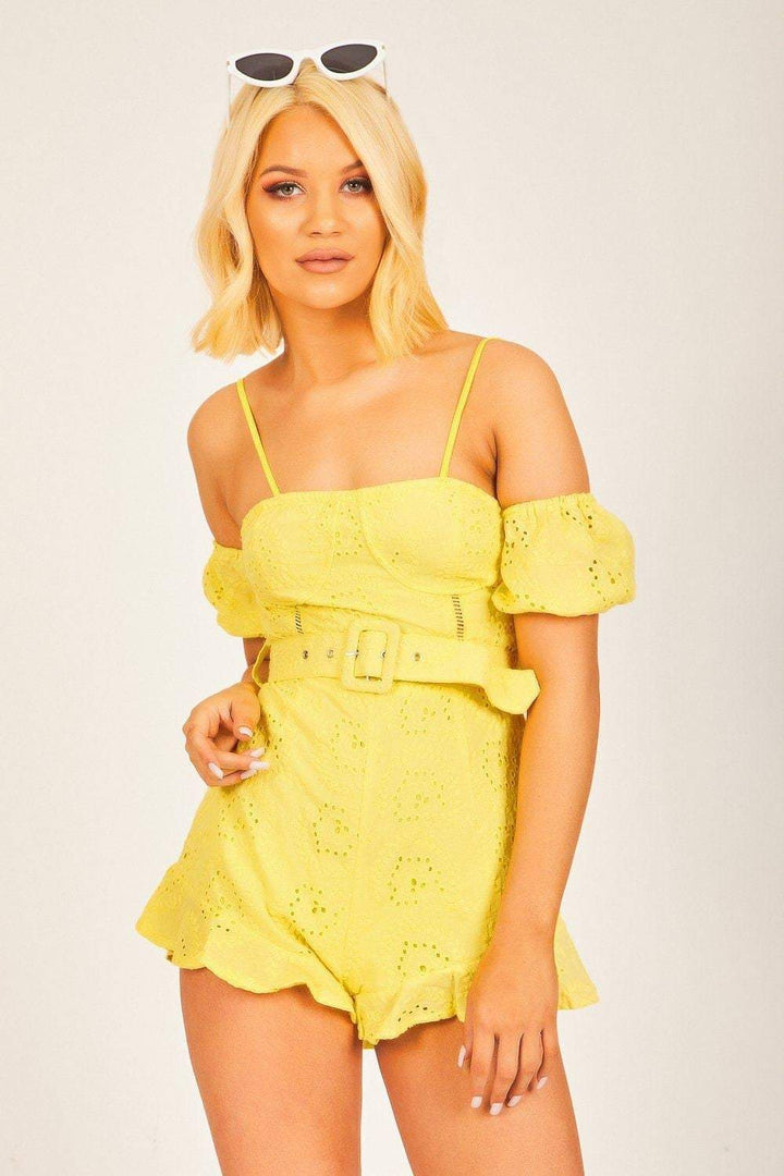 Yellow Eyelet Bardot Playsuit - Festigal