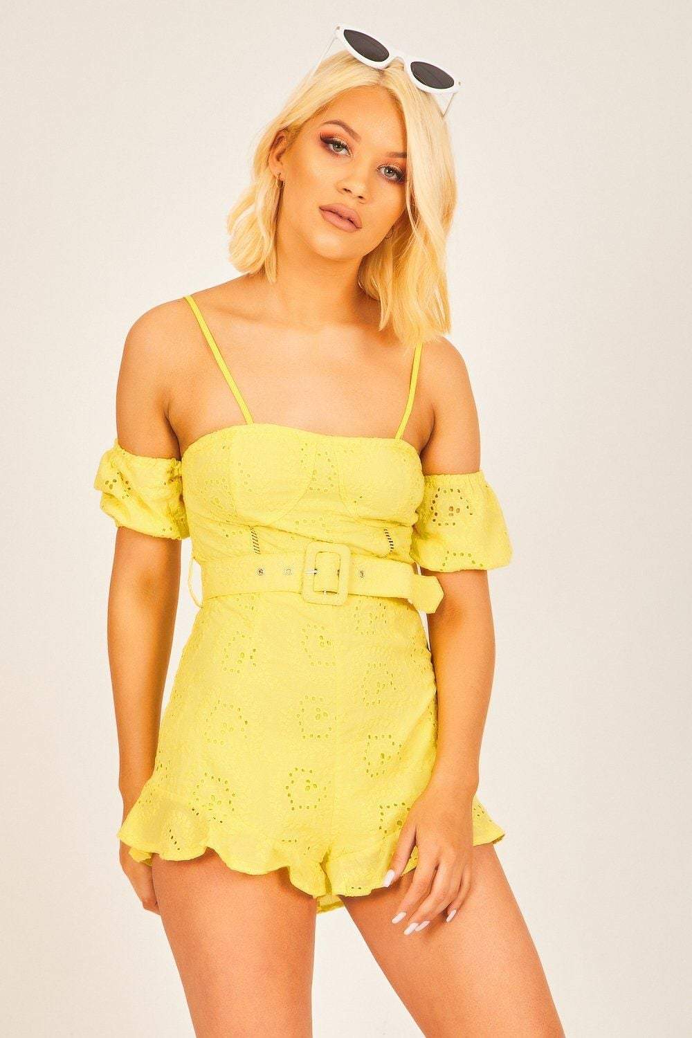Yellow Eyelet Bardot Playsuit - Festigal